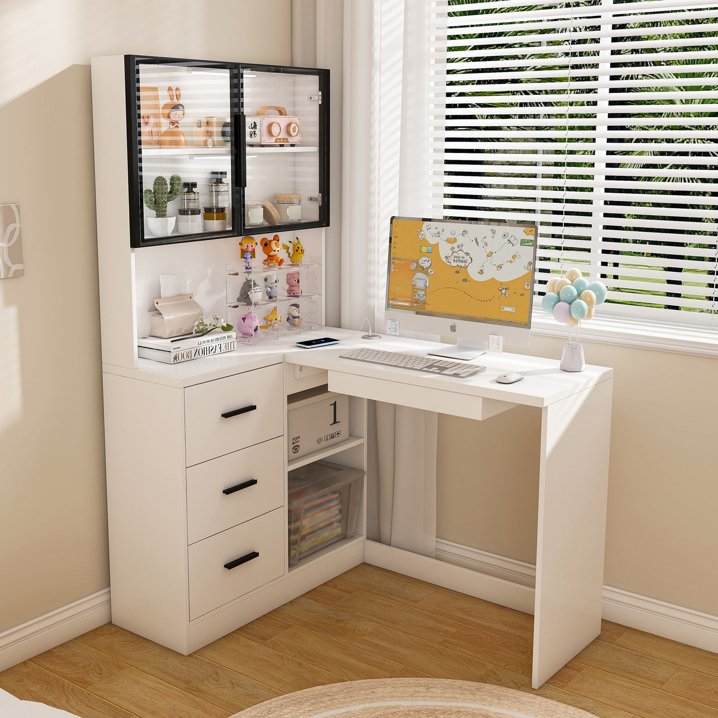 L-Shaped Computer Desk With Glass Cabinets, Built In LED Lights, USB Charging Ports Home Essentials