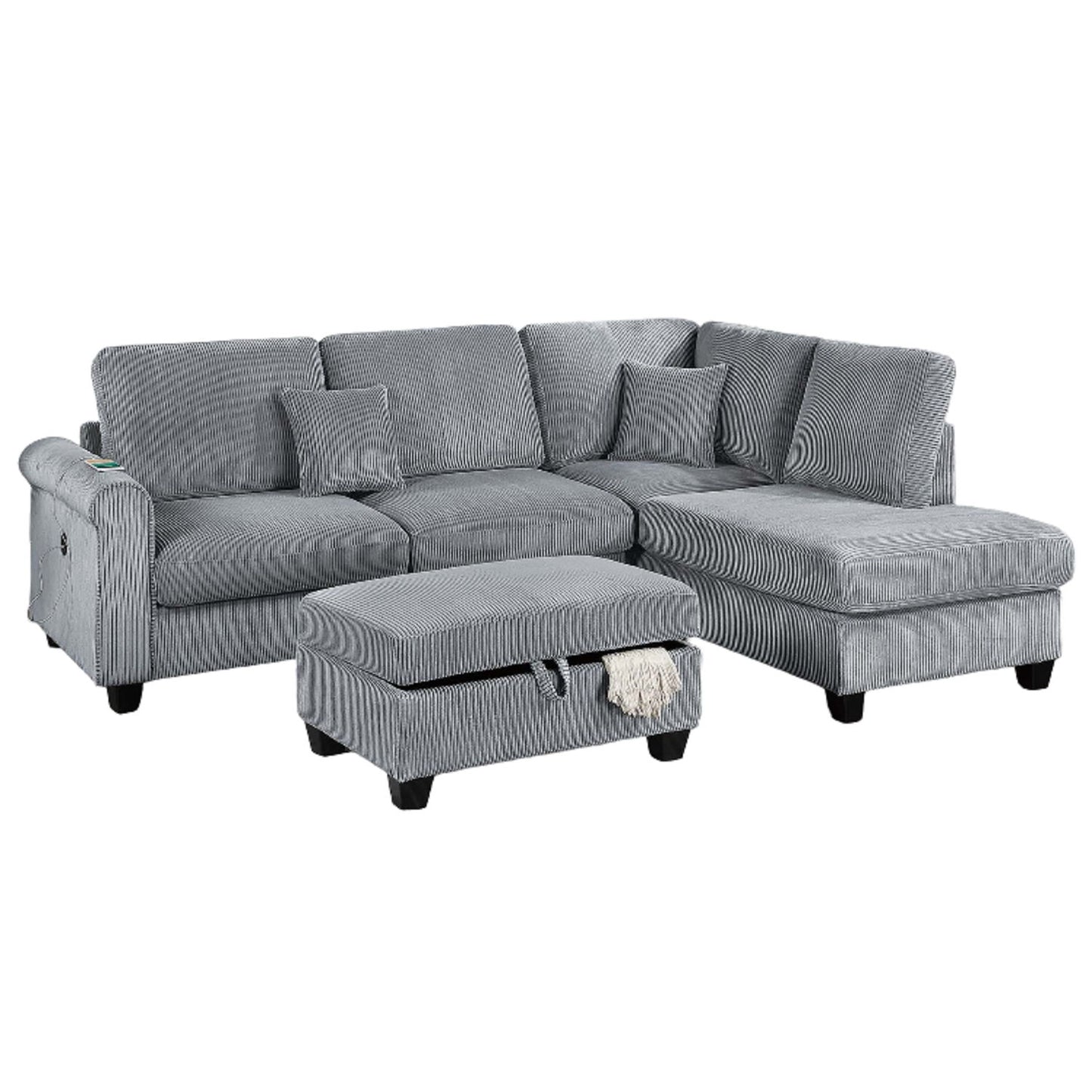Contemporary Sectional Set With Right Arm Chaise, Left Arm Sofa With USB Port, Storage Ottoman Home Essentials
