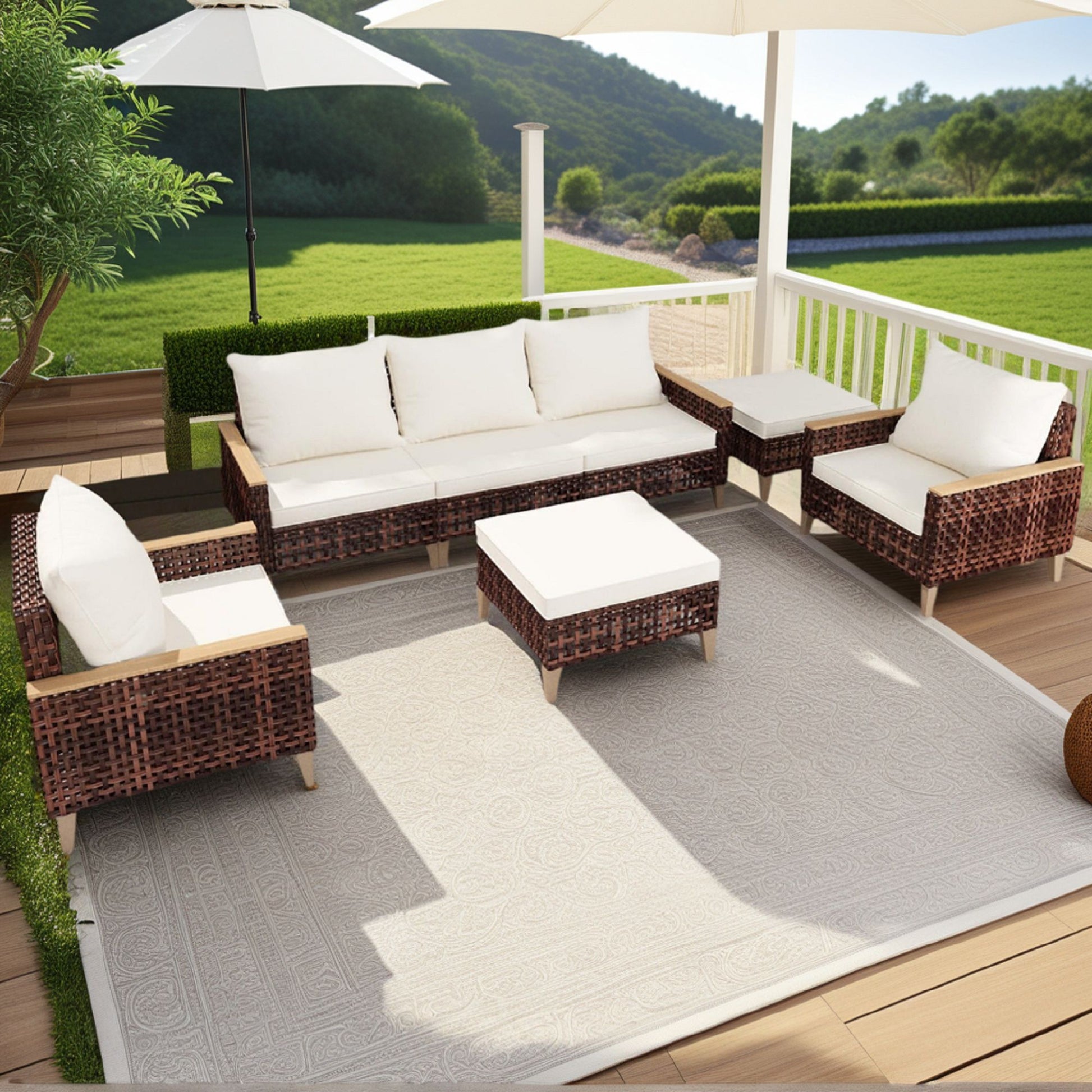 5 Piece Rattan Terrace Furniture Set, 7 Seats Cushions, High Footed Design Home Essentials
