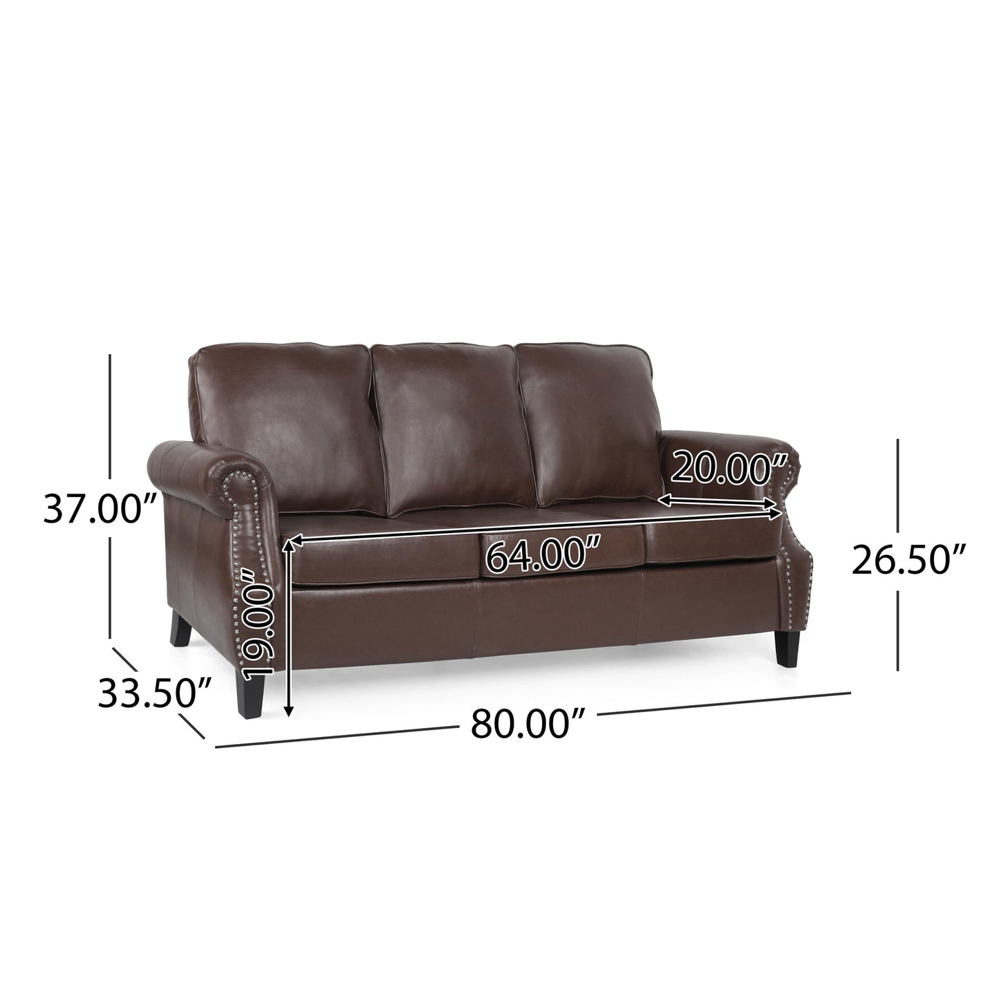 Contemporary 3 Seater Sofa With Nailhead Trim Noble House