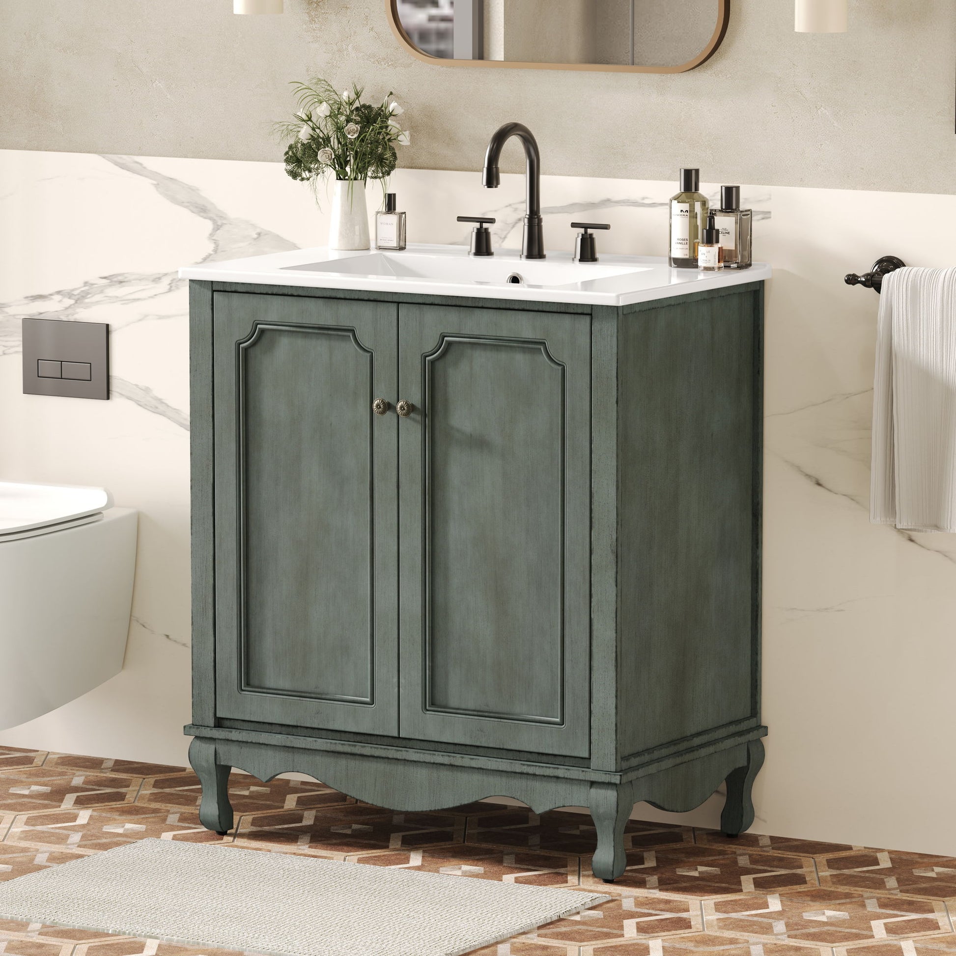Vintage Bathroom Vanity With Ceramic Sink, Adjustable Shelves Noble House