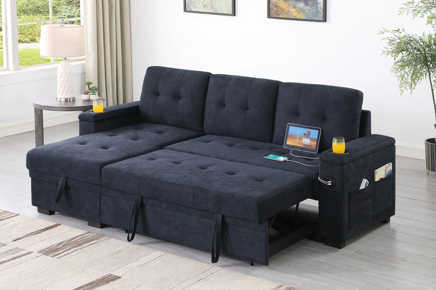 Ashlyn II - 84"W Woven Fabric Reversible Sleeper Sectional Sofa with Storage Chaise Lilola Home