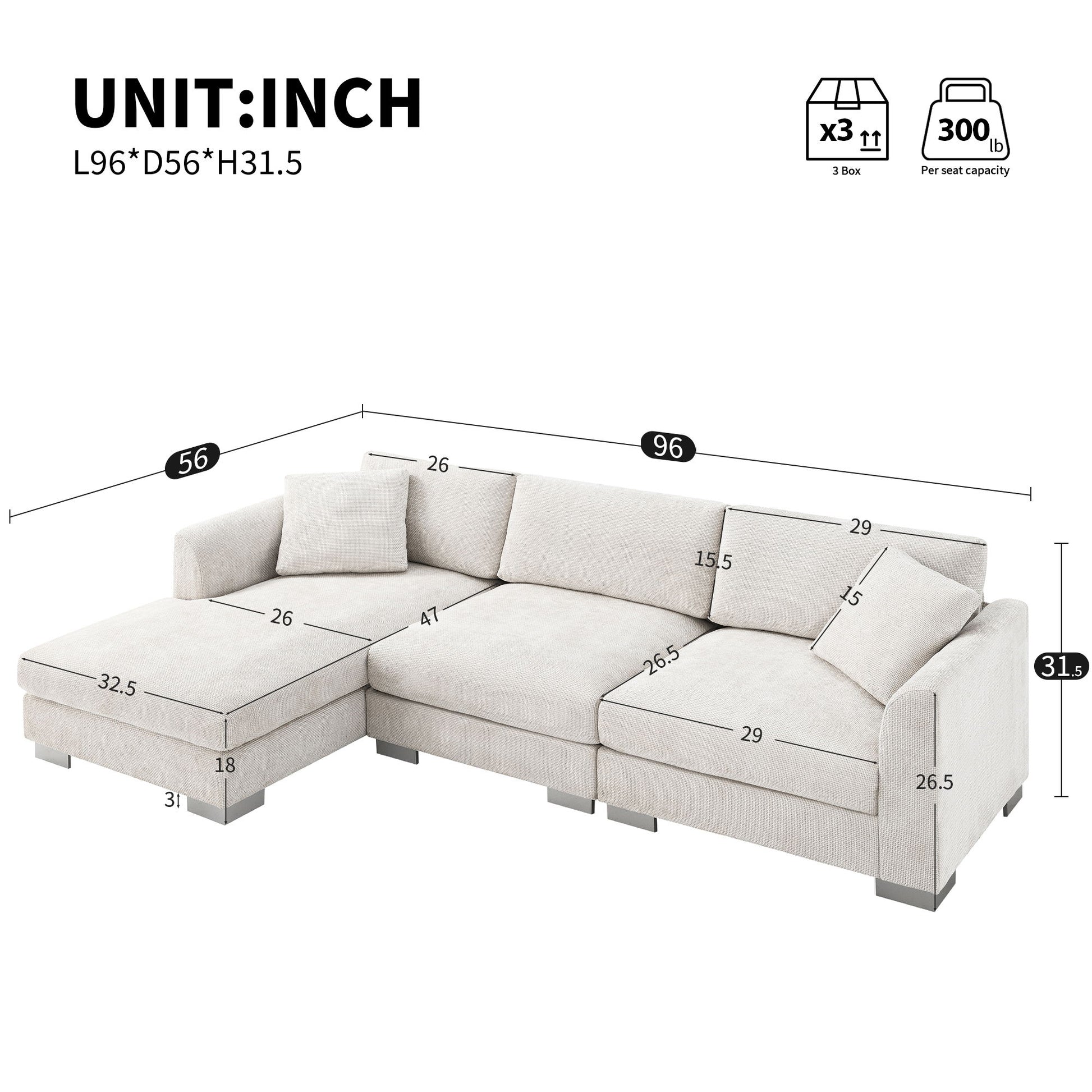 Modern Cloud Sectional Sofa L Shaped Luxury Couch Set With 2 Free Pillows 4 Seat With Oversized Chaise Luxe & Co.