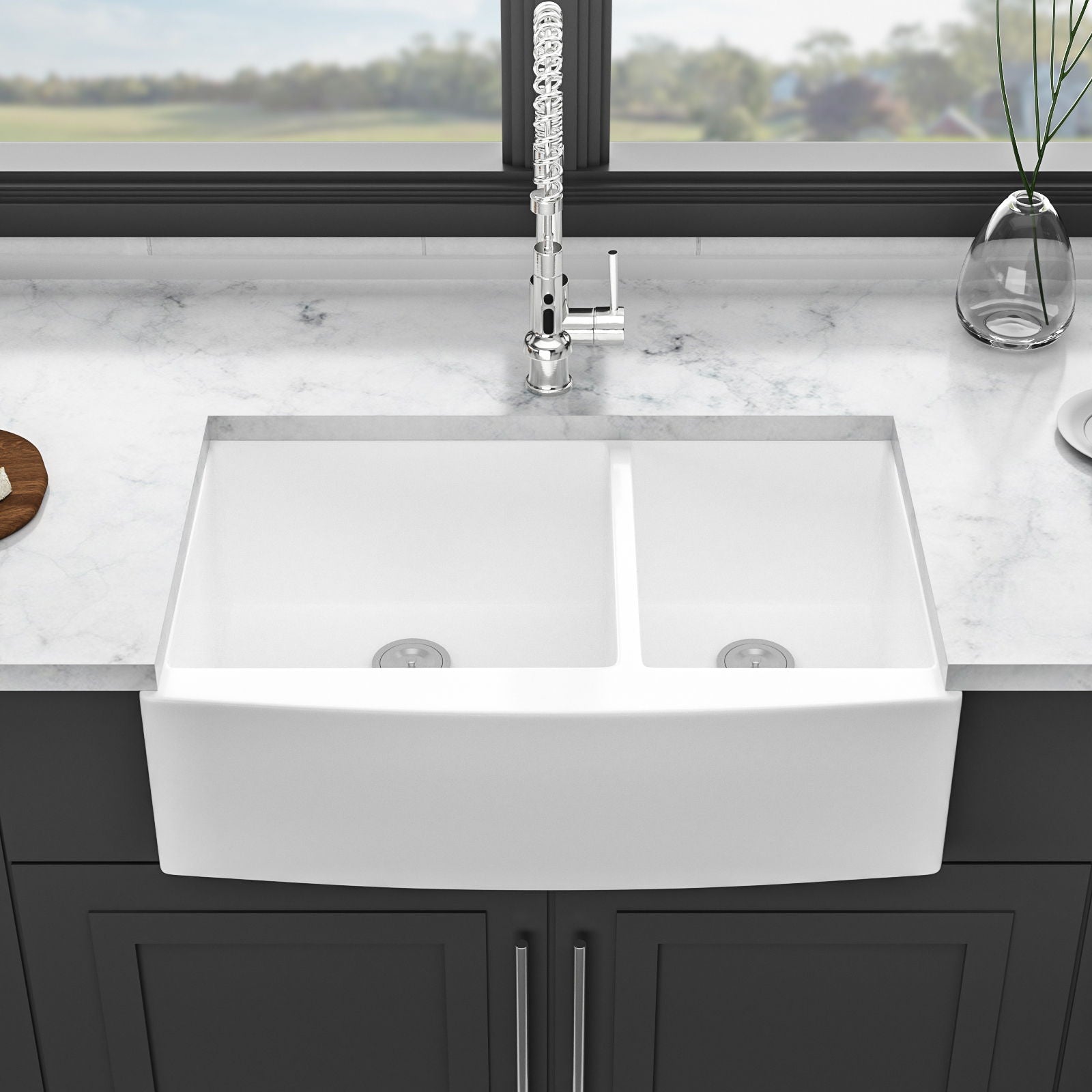 Sink 33" Double Bowl 60 / 40 Kitchen Sink With Deep Basin And Grids - White Daily Nest