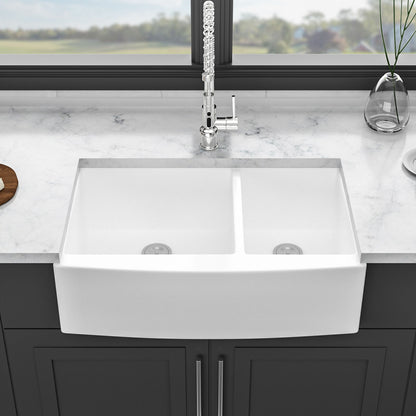 Sink 33" Double Bowl 60 / 40 Kitchen Sink With Deep Basin And Grids - White Daily Nest