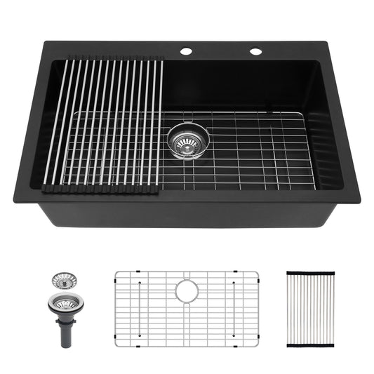Kitchen Sink Granite Composite Drop In Sink With Durable Material - Black Daily Nest