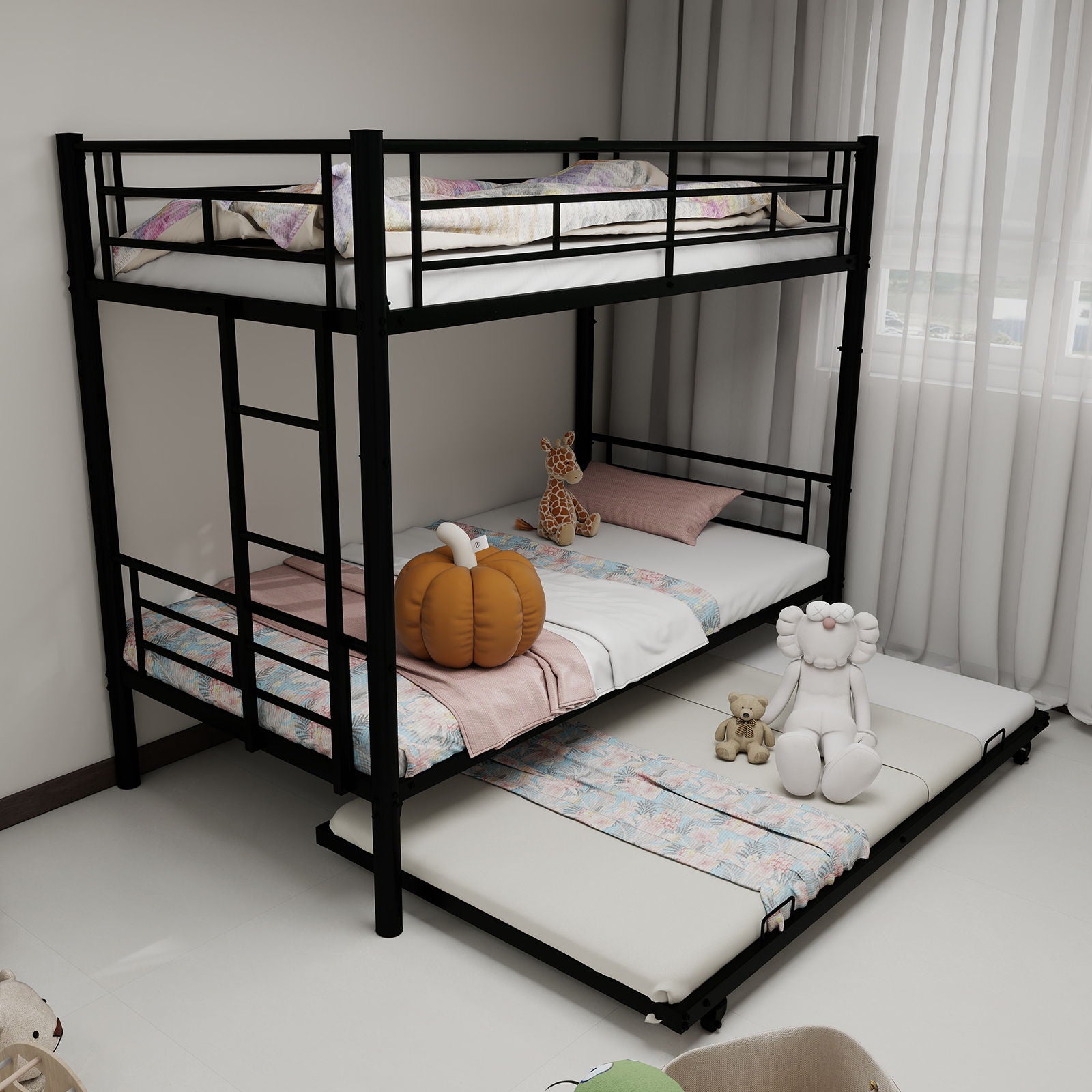 Metal Bunk Bed For Kids, Convertible Bedframe With Ladders & Guardrail Home Essentials