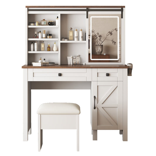 Farmhouse Makeup Vanity Desk With Sliding Mirror, LED Lights, And Storage Glass, Metal, And Wood Construction - White
