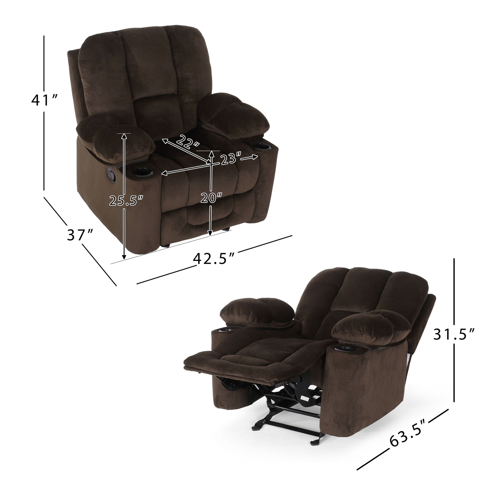 Luxurious Manual Recliner Chair With Skin-Friendly Fabric And Dual Cup Holders Noble House