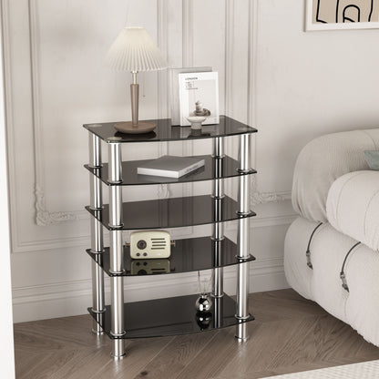 5 Tier Tempered Glass Side Table, Stainless Steel Frame End Table For Living Room, Bedroom - Black