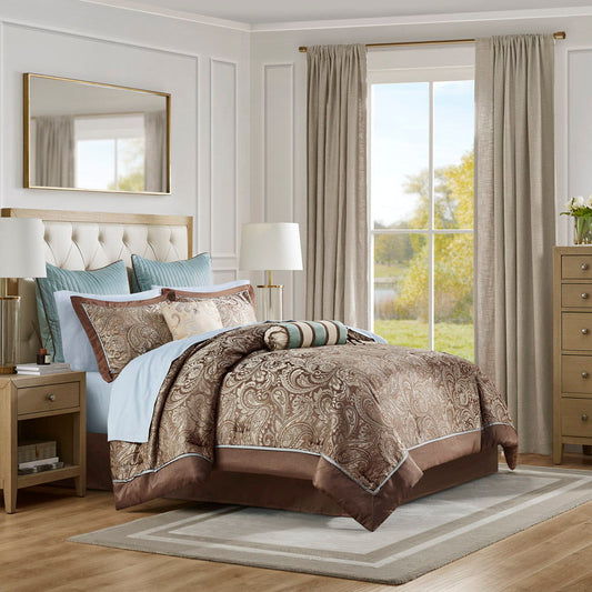 Aubrey - Queen 12 Piece Complete Bed Set - Blue / Brown Madison Park
