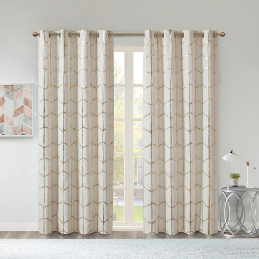 Raina - Total Blackout Metallic Print Grommet Top Curtain Panel Pair - Ivory/Gold Intelligent Design