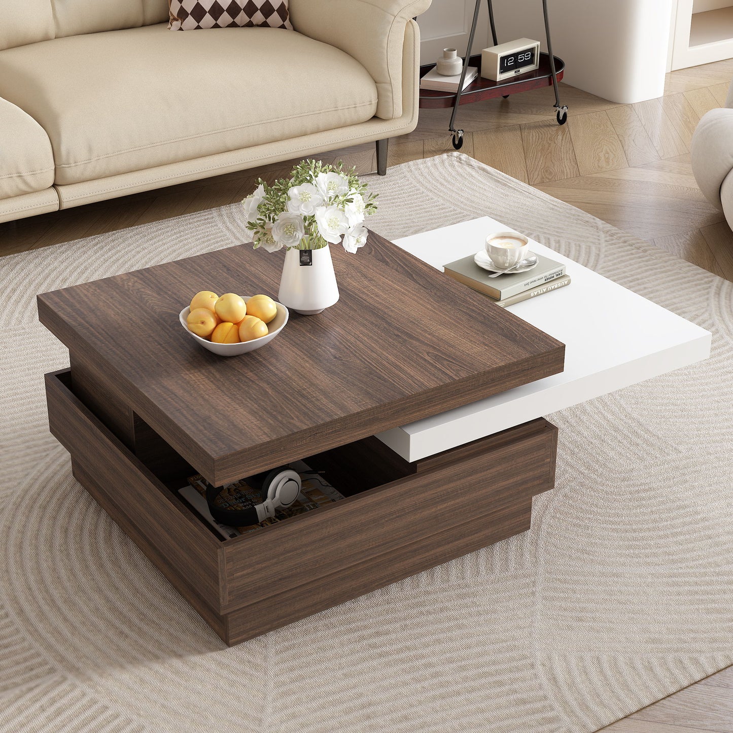 Rotatable Top Coffee Table, Modern Square Coffee Table With Wood Grain Design, 1 Hidden Storage Space For Living Room