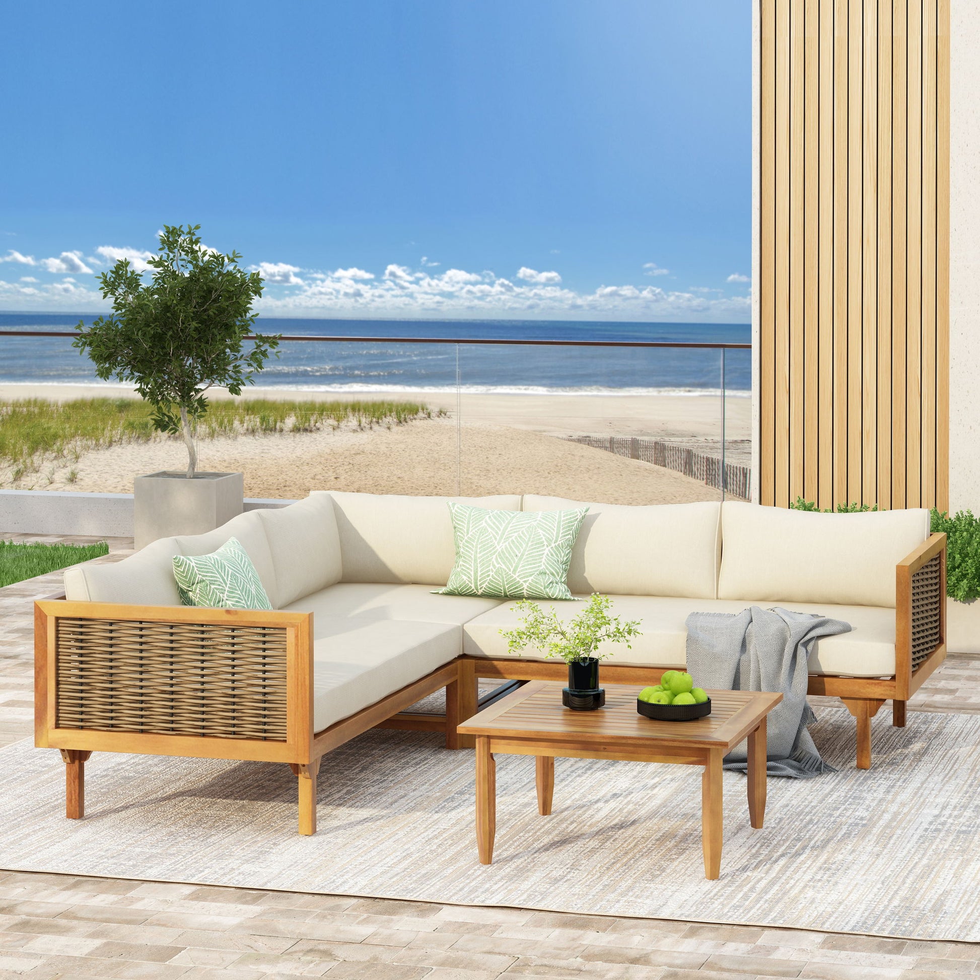 Premium Outdoor Sofa Set With Waterproof Cushions Sectional Seating Group With Acacia Wood And Wicker - Brown Mix / Beige Noble House