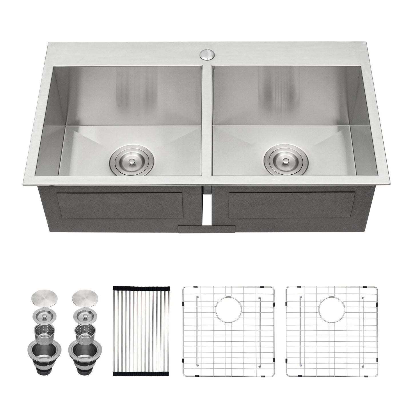 Double Bowl Drop In Sink, Stainless Steel With 50 / 50 Basins 18 Gauge - Brushed Nickel Daily Nest