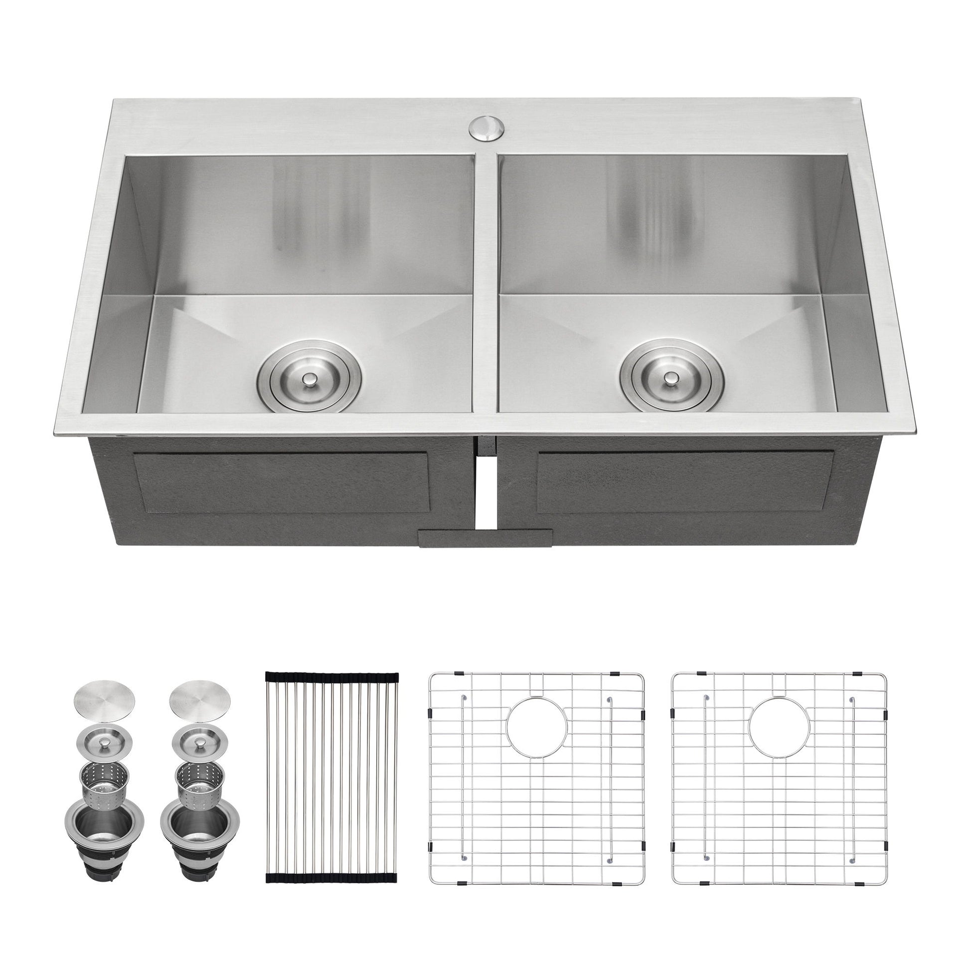 Double Bowl Drop In Sink, Stainless Steel With 50 / 50 Basins 18 Gauge - Brushed Nickel Daily Nest