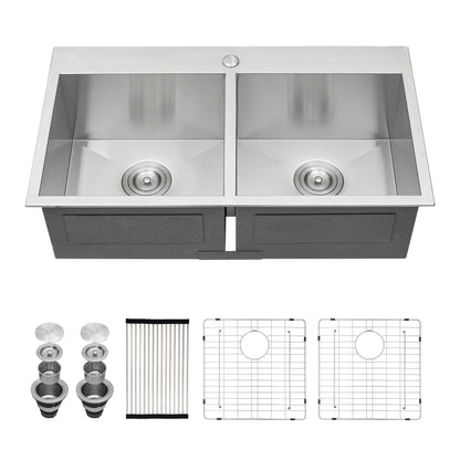 Double Bowl Drop In Sink, Stainless Steel With 50 / 50 Basins 18 Gauge - Brushed Nickel Daily Nest