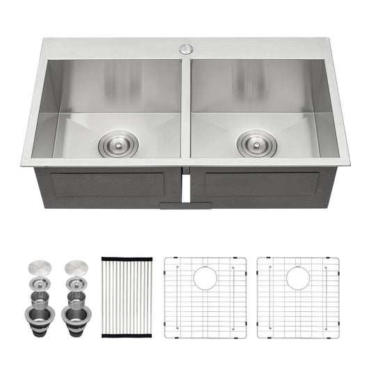 Double Bowl Drop In Sink, Stainless Steel With 50 / 50 Basins 18 Gauge - Brushed Nickel Daily Nest