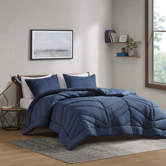 Remy - Quilted Chevron Twin Comforter Set - Navy Intelligent Design
