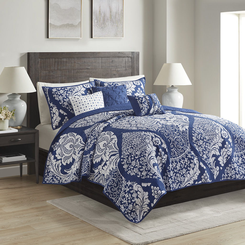 Vienna - 6 Piece Reversible Coverlet Set - Indigo