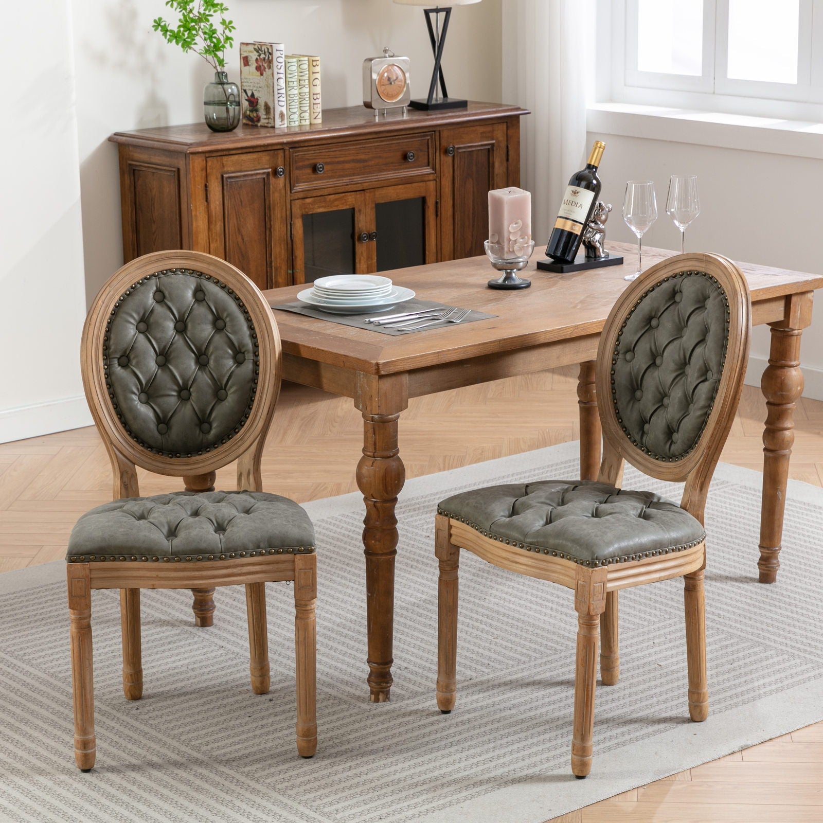 French Style Solid Wood Frame Antique Painting, Hand-Pulled Buckle Decoration PU Artificial Leather Dining Chair With Nailhead Trim, Wood Legs Home Essentials