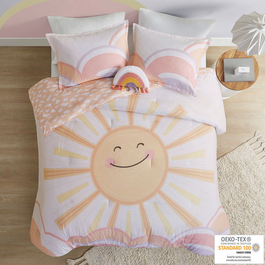 Dawn - Sunshine Printed Reversible Comforter Set - Yellow / Coral