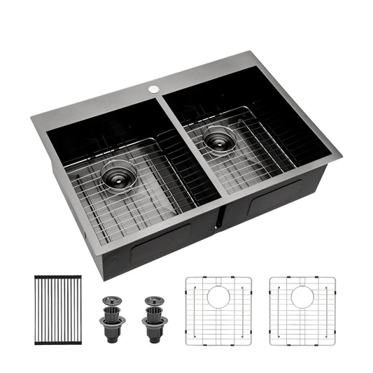 Double Bowl Drop In Kitchen Sink, 16 Gauge Stainless Steel With 2 9" Deep Basins - Gunmetal Black Daily Nest