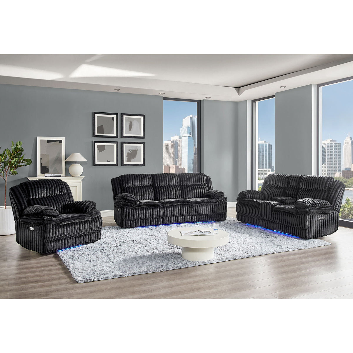 Winston - Power Reclining Sofa With LED Lighting, Hidden Drawer, And Drop Down Table - Black Global Furniture USA