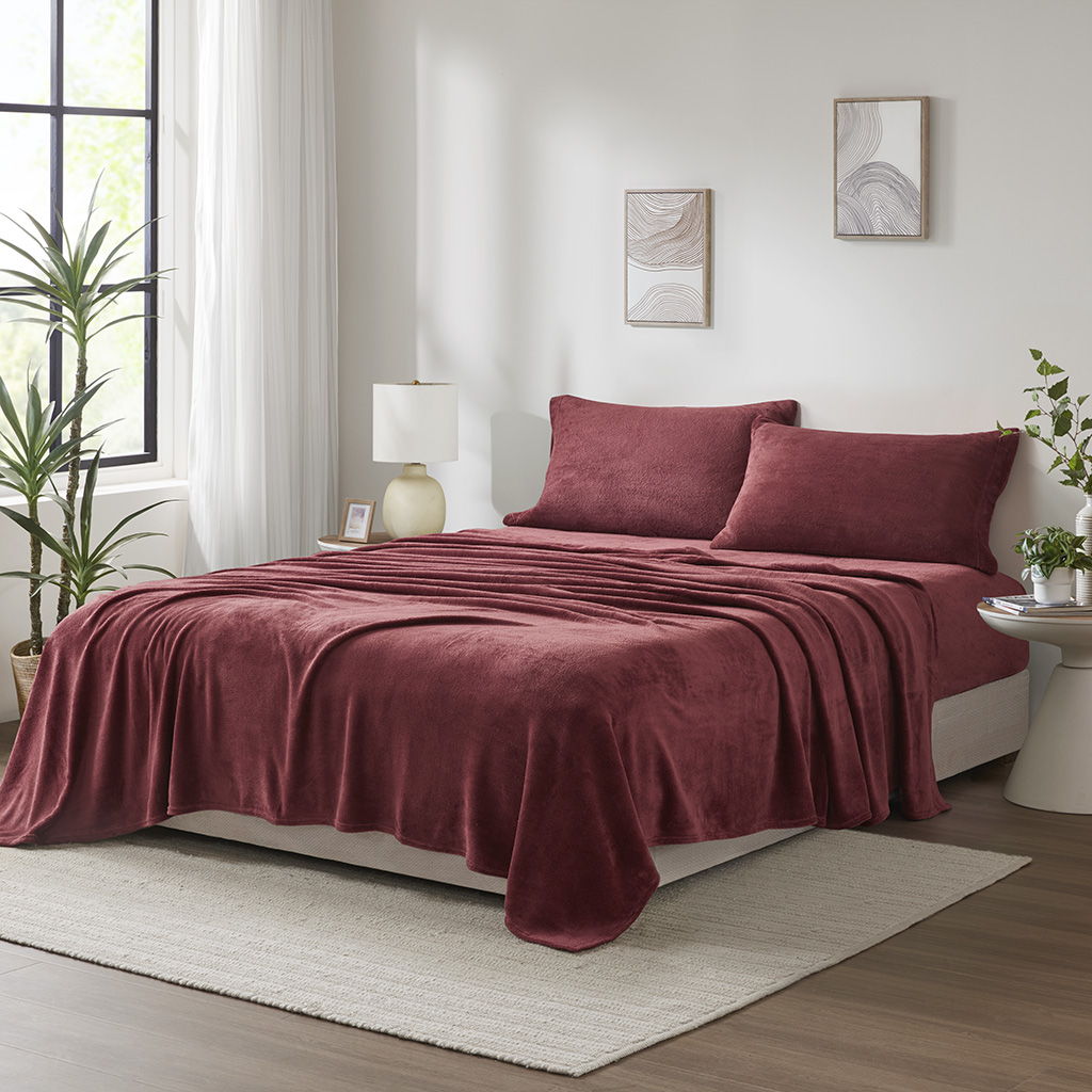 Soloft Plush - 4 Piece Queen Micro Plush Sheet Set - Burgundy True North by Sleep Philosophy