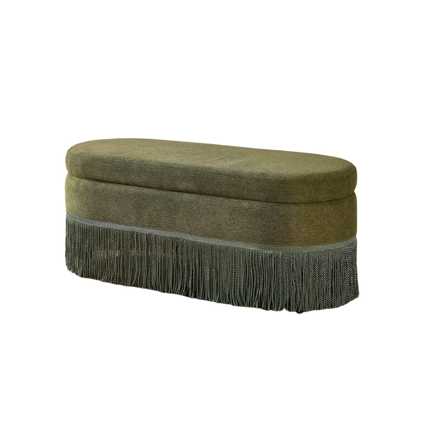 Oval Upholstered Storage Ottoman With Fringe Trim & Lift Top Lid Home Essentials