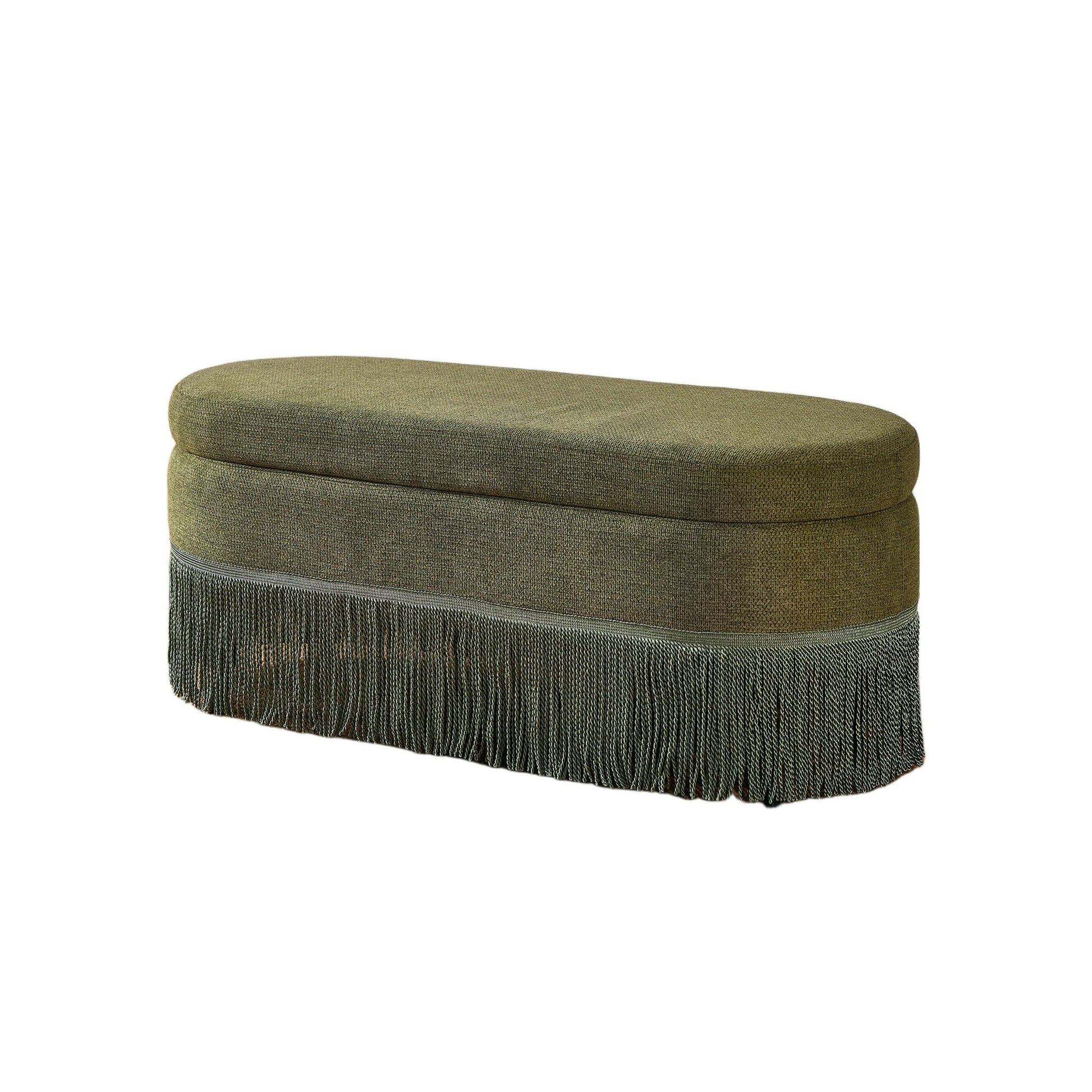 Oval Upholstered Storage Ottoman With Fringe Trim & Lift Top Lid Home Essentials
