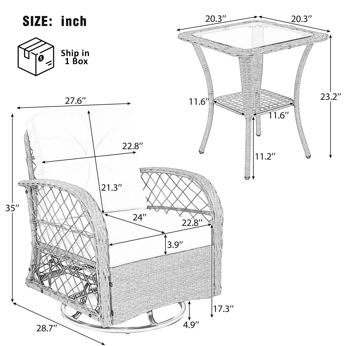 3 Piece Outdoor Chair & Table Set Chat Set, 2 Person Rattan Seating Group Hearth and Haven