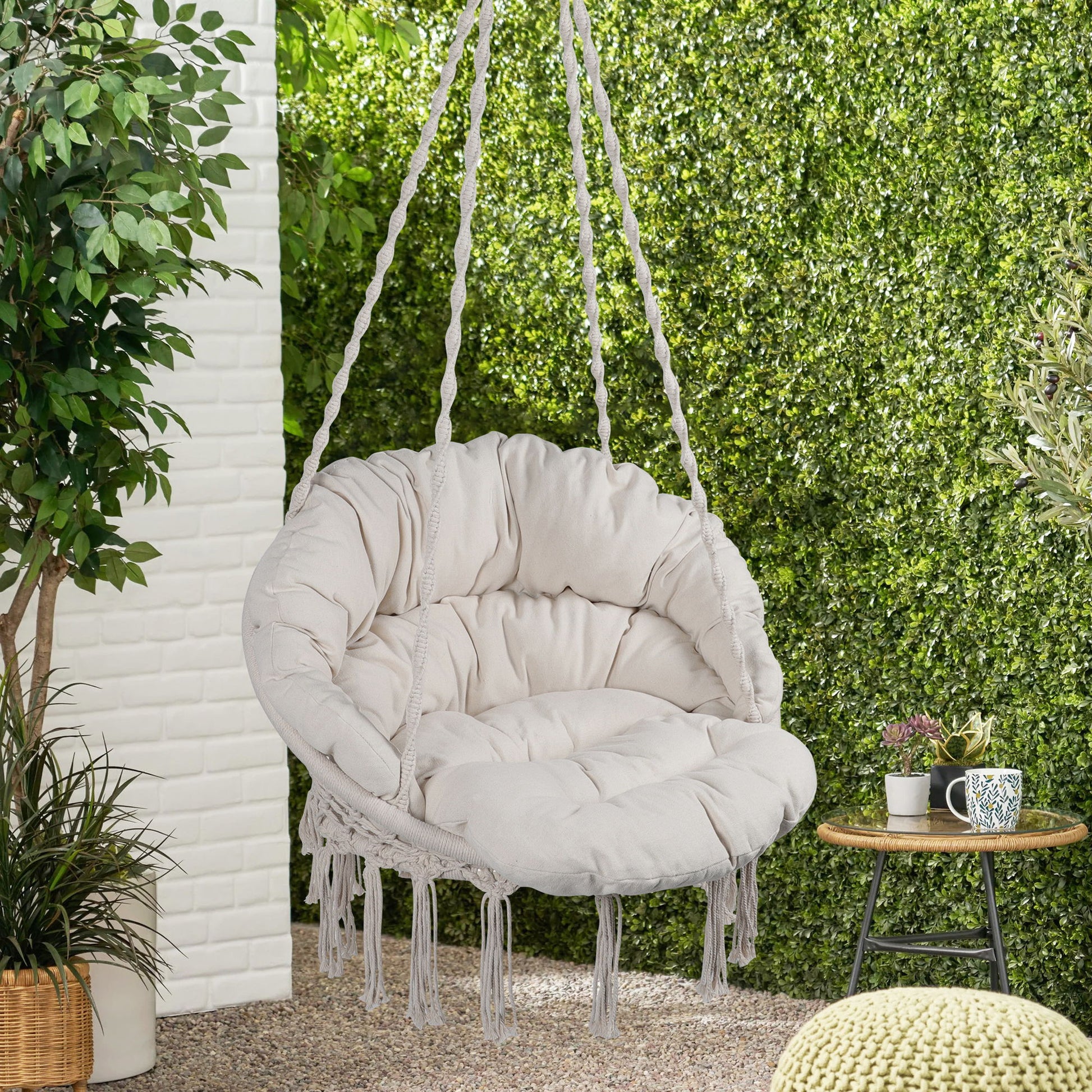 Macrame Hanging Hammock Chair With Cushion, Cotton Rope Swing For Indoor And Outdoor Use, 330 Lbs Capacity - Beige Home Essentials