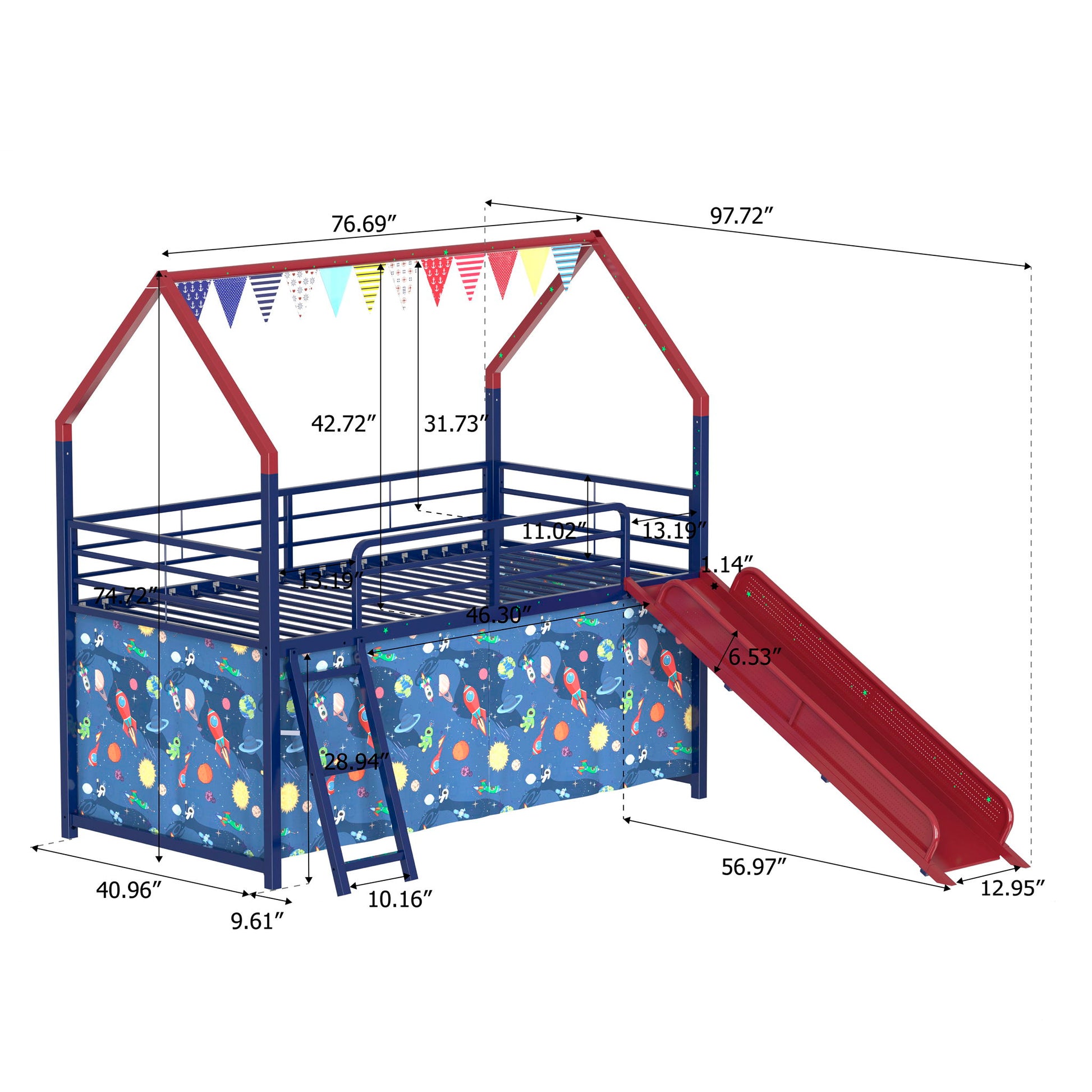 Jack - House Loft Bed With Slide And Curtain Set House & Home Furniture
