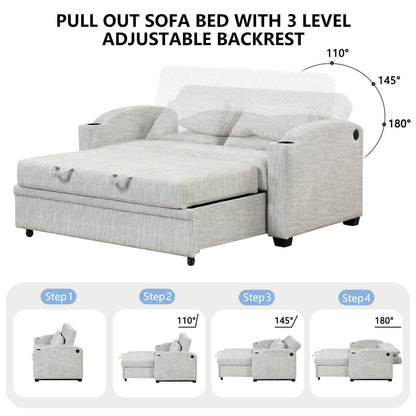 Pull Out Loveseat Sofa With Adjsutable Backrest, 2 Pillows, Cup Holders, USB Ports For Living Room Hearth and Haven