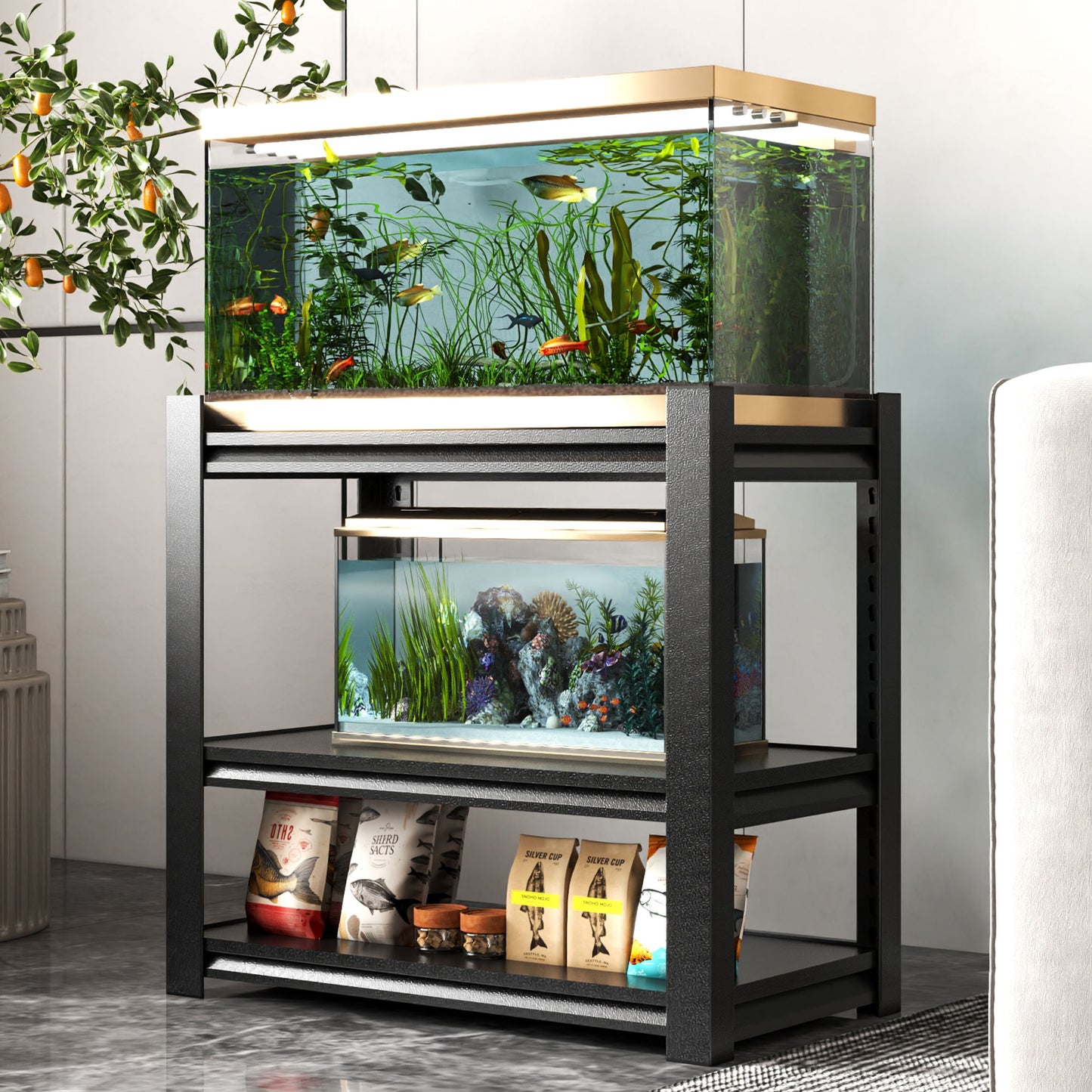 Stylish Metal Aquarium Stand For 20 - 30 Gallon Tanks, 3 Tier Adjustable Shelf Daily Nest