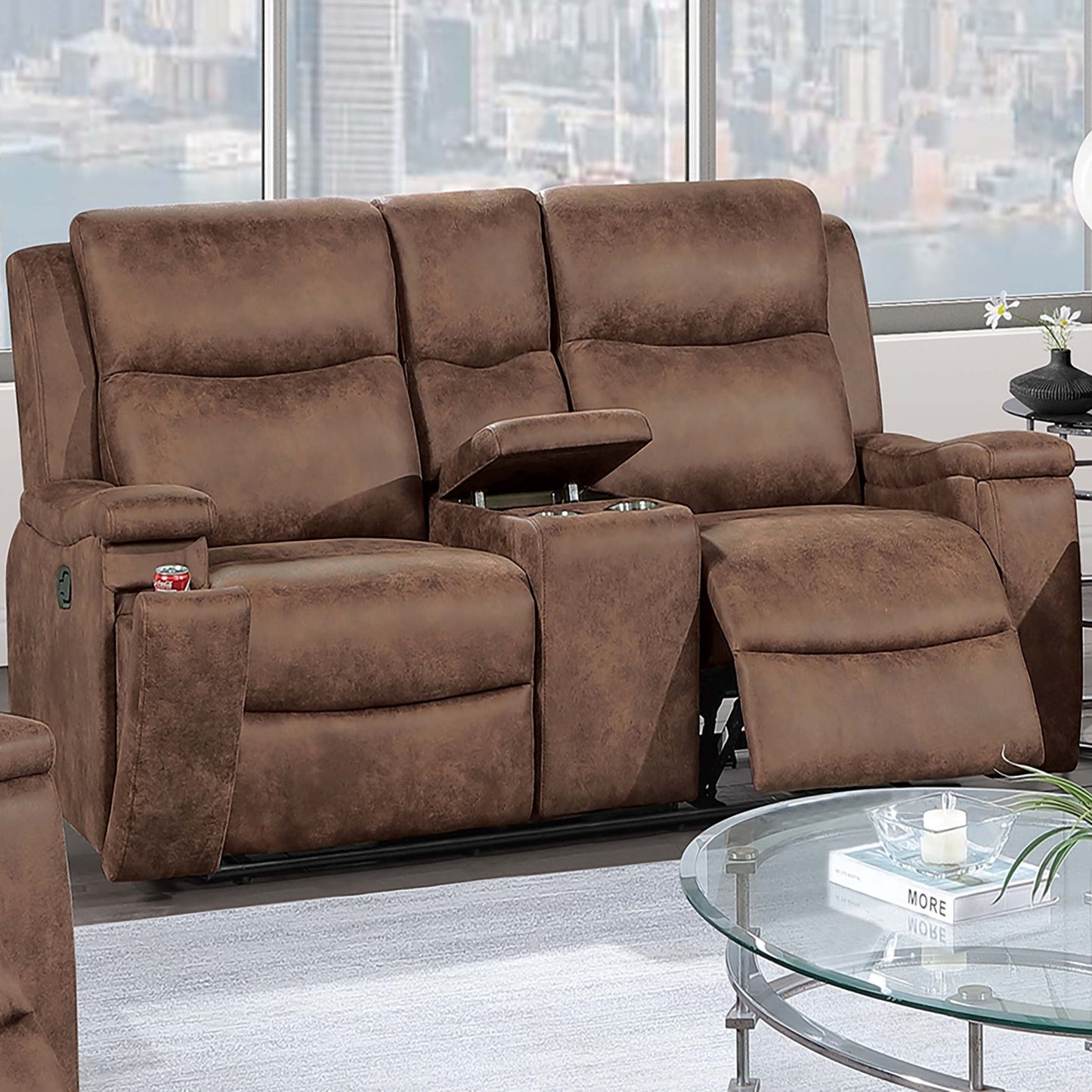 1 Piece Manual Motion Loveseat Hidden Cup Holder Console With Plush Back Cushion For Living Room - Walnut Home Essentials