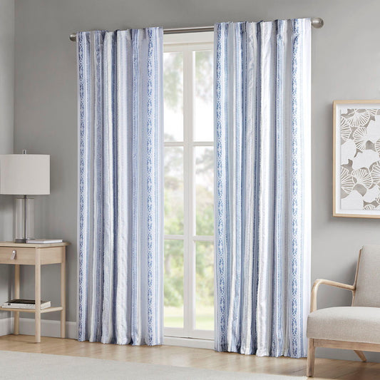 Veronica - 50x84" Poly Printed Curtain Panel With Tufted Stripe And Lining - White/Navy Madison Park
