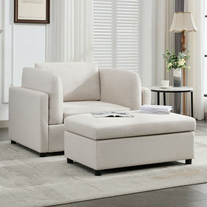 Wide Modern Oversized Armchair With Ottoman Stool, Single Sofa With Lumbar Support, Accent Chair