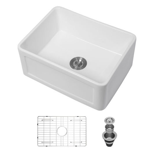 Elegant Farmhouse Style Small Apron Front Ceramic Kitchen Sink 24" Single Bowl Reversible Design - White Daily Nest