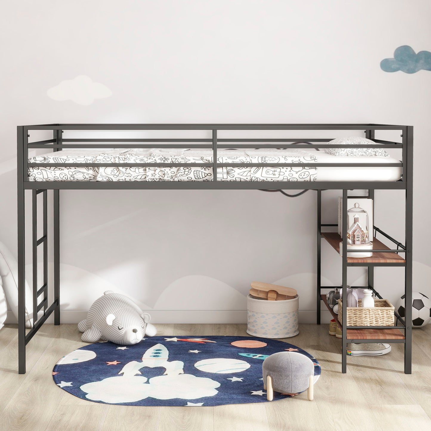 Adam - Twin Loft Bunk Bed With Cinnamon Wood Shelf - Black House & Home Furniture