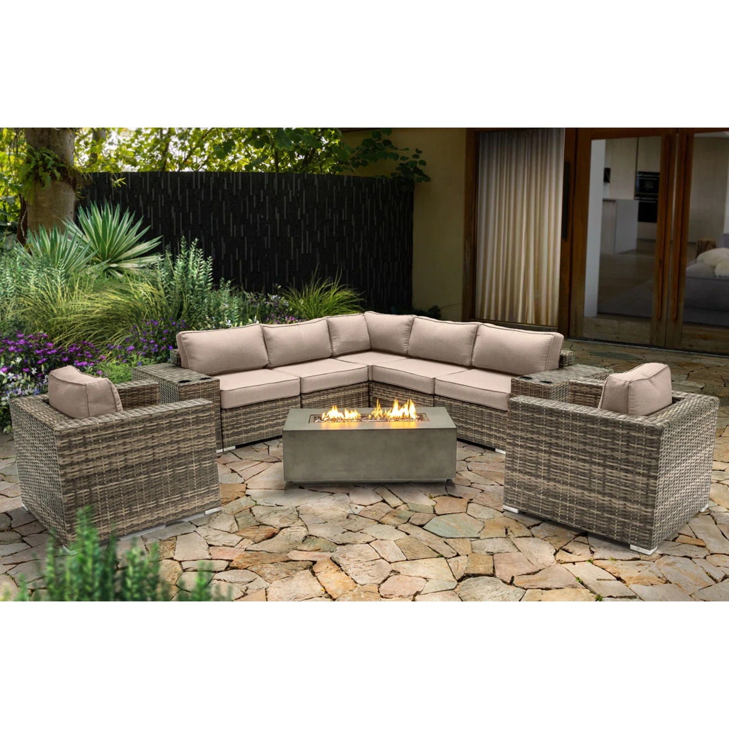 Rattan Wicker Patio Set With Cushions And Concrete Fire Pit LSI Patio Furniture