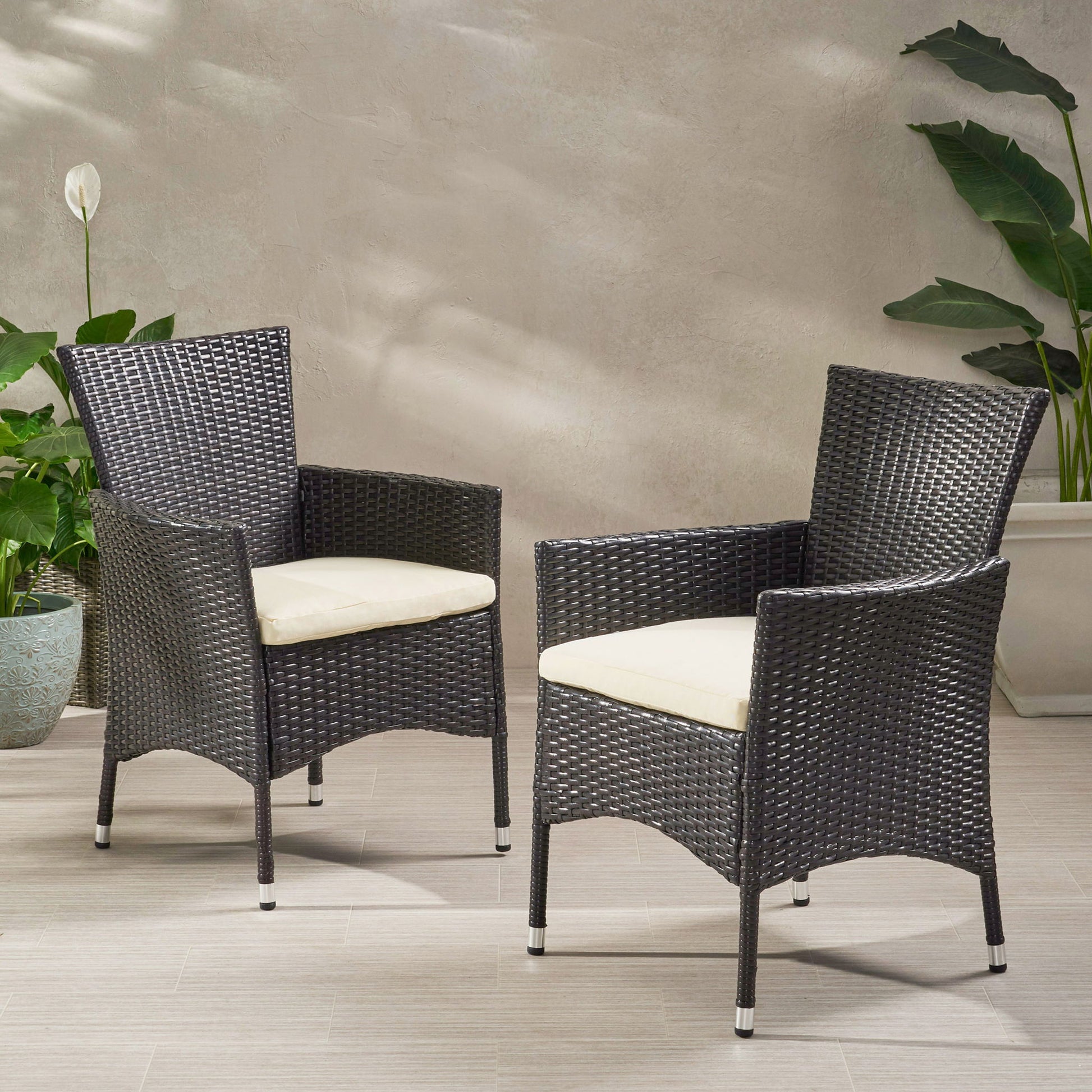 Clementine - Outdoor Wicker Dining Chairs Set With Water Resistant Cushions (Set of 2) - Brown Multi Noble House