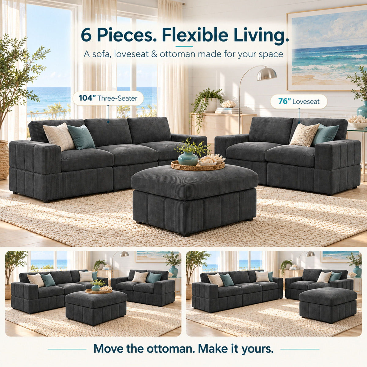 Oversized Modular Sectional Sofa Set With Loveseat & Ottoman, 6 Piece Living Room Furniture - Dark Gray Home Essentials