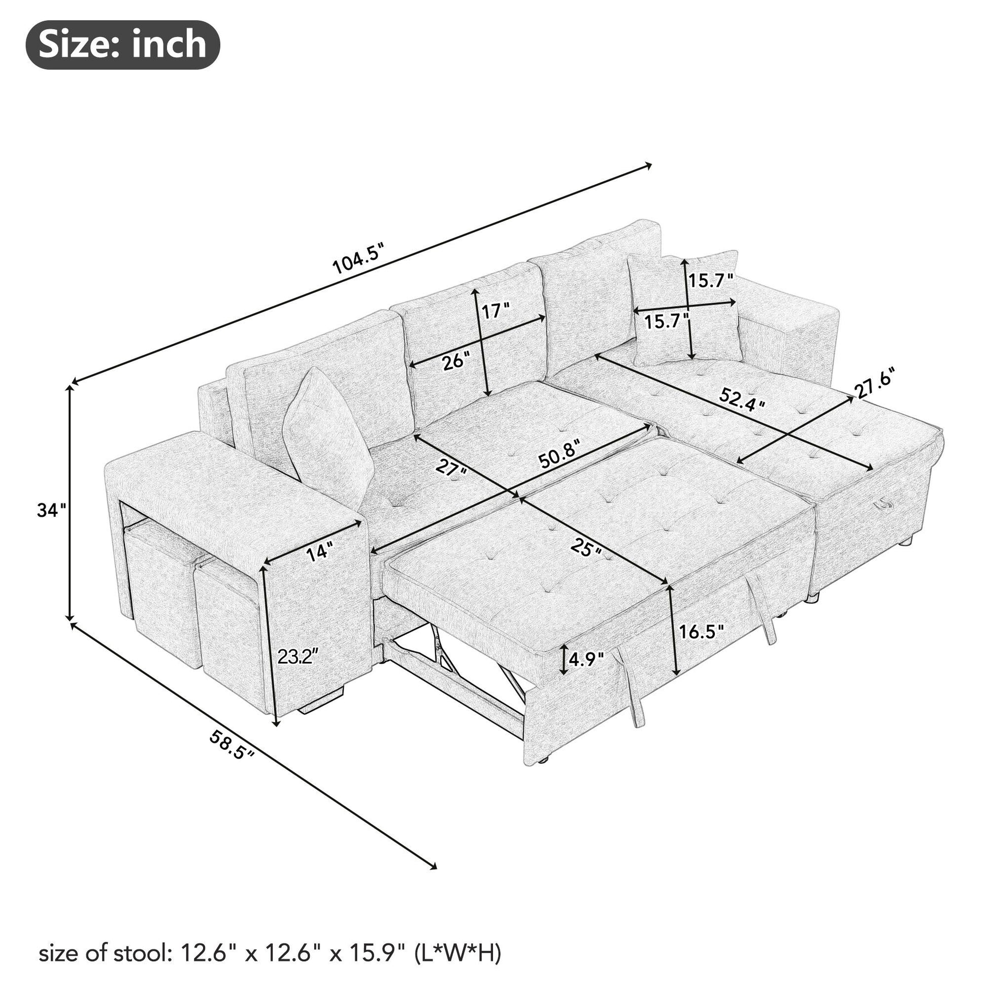 Modern L-Shape 3 Seat Reversible Sectional Couch, Pull Out Sleeper Sofa With Storage Chaise And 2 Stools For Living Room Furniture Set Hearth and Haven