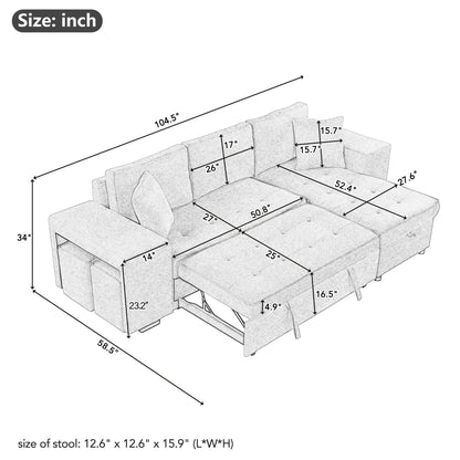 Modern L-Shape 3 Seat Reversible Sectional Couch, Pull Out Sleeper Sofa With Storage Chaise And 2 Stools For Living Room Furniture Set Hearth and Haven