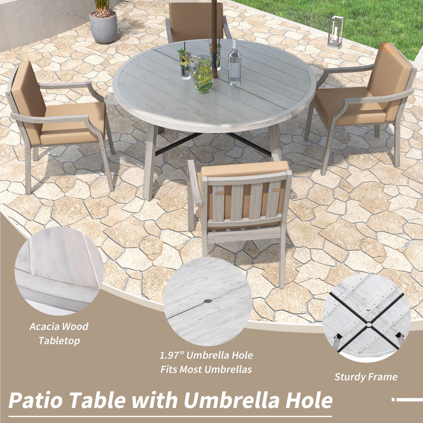 Outdoor Wooden Dinning Set With An Umbrella Hole And Removable Cushions For Patio Hearth and Haven
