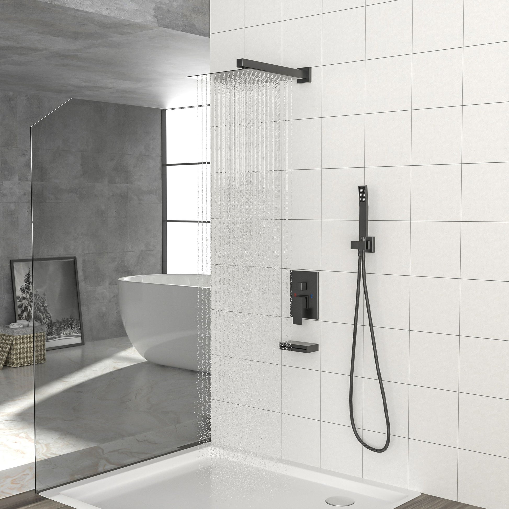 12" Ceiling Mount Square Shower System With Waterfall Tub Spout And Handheld Shower Daily Nest
