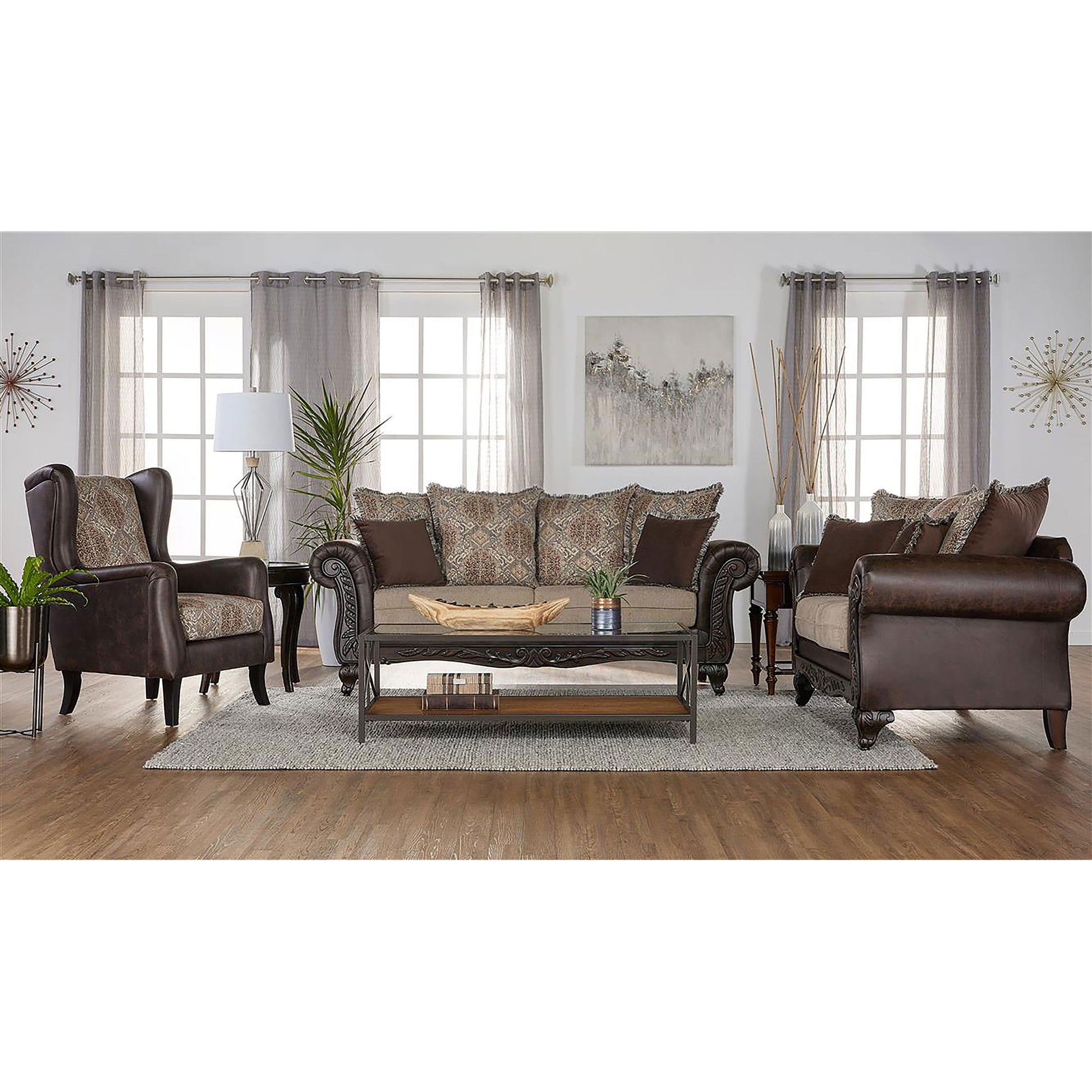 Brookridge - Rolled Arm Sofa With Ornate Details And Mixed Upholstery - Brown Furniture Max