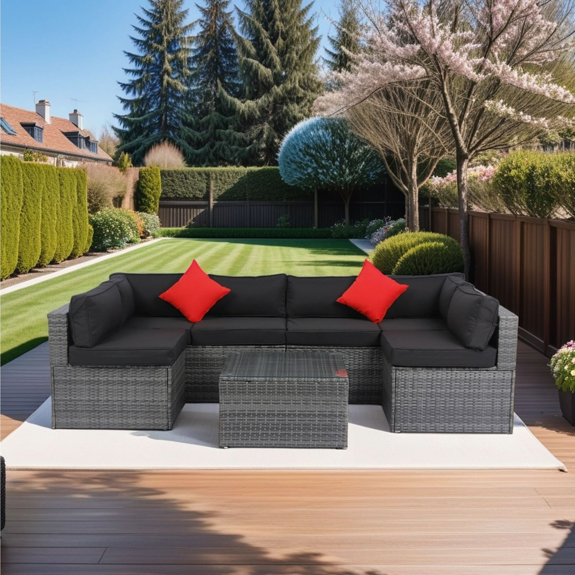 5 Pieces Rattan Sectional Outdoor Furniture Cushioned U Sof Set With 2 Pillow - Gray / Black Home Essentials